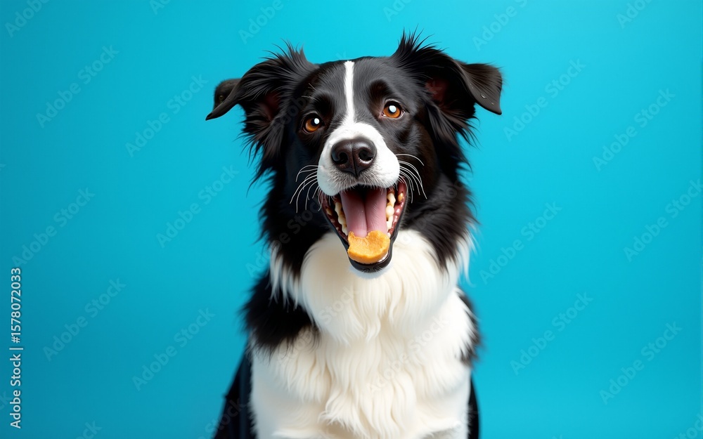 border collie catching a treat with a wide open mouth in a studio shot isolated on a blue background. High quality border collie catching a treat with a wide open mouth in a studio shot isolated on a blue background. High quality