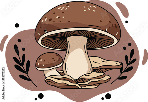 Mushroom vector illustration with brown background and natural forest elements in cute style 