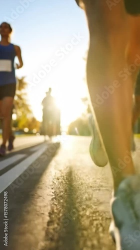 Runners on a city street at sunset