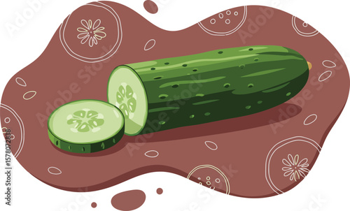 Fresh sliced cucumber vegetable illustration with decorative background vector art 