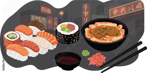 Japanese sushi and nigiri with soy sauce miso soup and chopsticks vector illustration in restaurant setting 