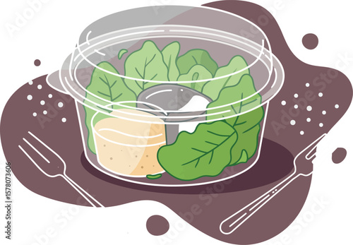 Healthy salad in plastic container with fork and spoon illustration for takeout food and meal preparation vector 