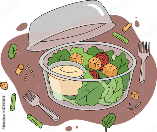 Healthy salad bowl with fresh vegetables and dressing in a clear container vector illustration for nutritious meal preparation 