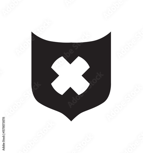 A black shield-shaped graphic with a white cross inside, signifying rejection or disapproval.