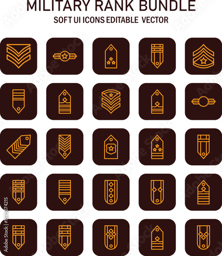 Collection of stylized military rank insignia featuring various design elements and outlined in gold symbolizing