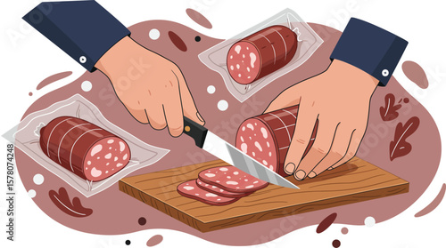 Hands slicing salami sausage on wooden cutting board with packaged meat vector illustration 