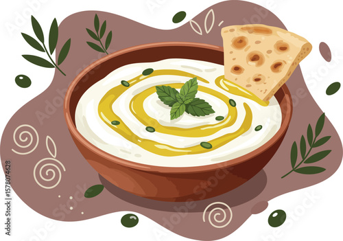 Mediterranean style bowl of creamy yogurt with olive oil and herbs accompanied by flatbread vector illustration 