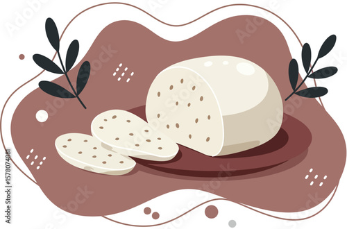 Soft cheese wheel with sliced pieces on decorative plate vector illustration in muted colors 