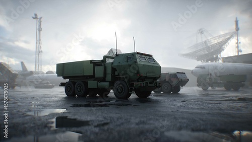 American High Mobility Artillery Rocket System. Military base. 3d rendering.