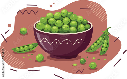 Bowl of fresh green peas with pea pods on brown background vector illustration in flat design style 