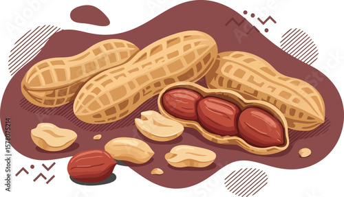 Peanut nuts and shells scattered on abstract brown background vector illustration for healthy food and snack design 