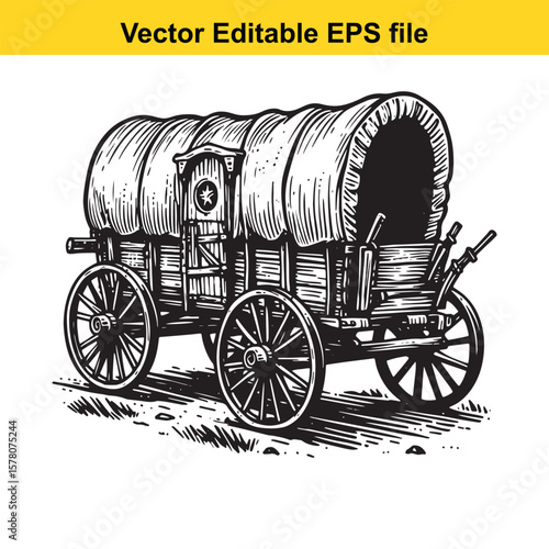 Vintage Covered Wagon Illustration An Old Fashioned Mode of Transportation Used by Pioneers and Travelers in Earlier Times