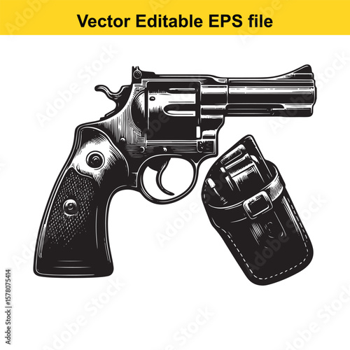 Vintage Revolver Illustration with Holster A Detailed Black and White Engraving Style Depiction of a Classic Firearm and its Accessory