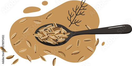 Wooden spoon filled withc cummin powder and scattered cummin grains natural food illustration in brown tones 