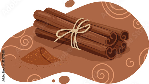 Cinnamon sticks and ground cinnamon spice bundle with decorative swirls in brown tones vector illustration 