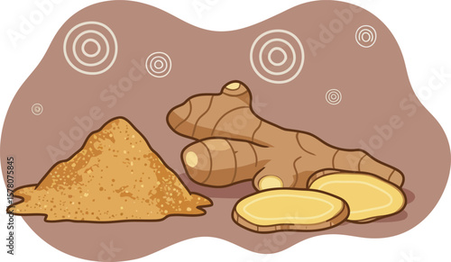 Ginger root with sliced pieces and ground ginger powder vector illustration with brown background 