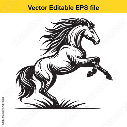 Majestic Stallion Vector Artwork A Dynamic Black and White Horse Illustration with Flowing Mane and Tail in an Energetic Pose