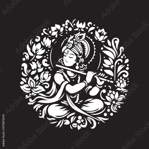 krishna, the lord of music, in a floral pattern