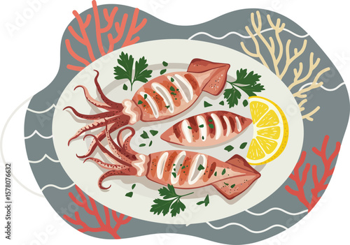 Grilled squid seafood dish with lemon slice and parsley garnish vector illustration on decorative plate 