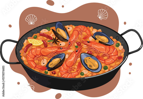 Seafood paella with shrimp mussels and rice in black pan vector illustration food dish meal 