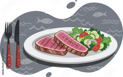 Seared tuna steak with fresh salad on plate with fork and knife vector food illustration 