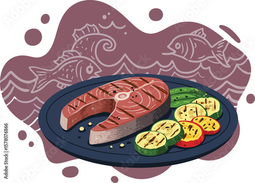 Grilled steak with zucchini and tomato slices on black plate vector illustration for food and cooking design 