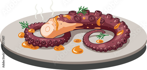 Grilled octopus tentacle dish with herbs and sauce on plate vector illustration 