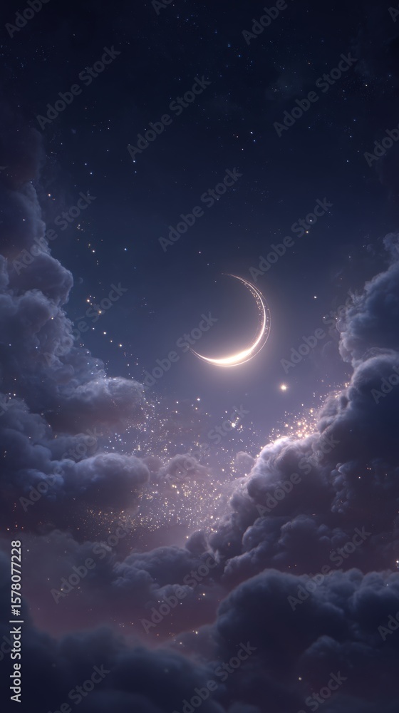 Obraz premium Crescent Moon and Starry Night Sky with Purple Clouds