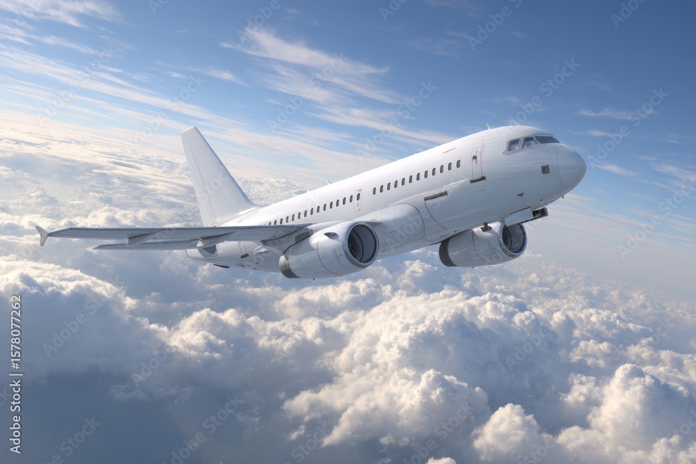 Fototapeta premium White Airplane Soaring Above Fluffy Clouds Under a Bright Blue Sky