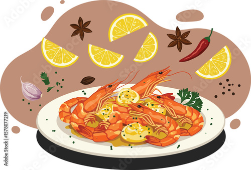Shrimp dish with lemon slices garlic and spices on plate vector illustration for seafood meal recipe and cooking ideas 