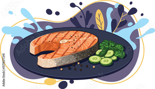Salmon steak with cucumber slices and garnish on decorative plate vector illustration for healthy food concept 