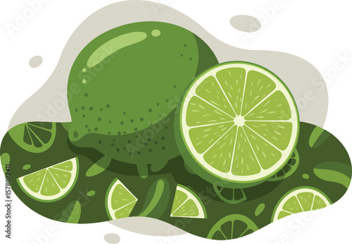 Fresh green limes whole and sliced citrus fruit illustration with lime wedges and pulp vector composition 