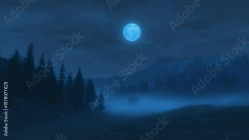 A luminous blue moon casts its ethereal glow over a tranquil mountain lake at night.