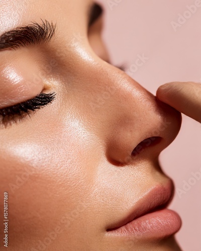 Closeup of a European woman receiving blackhead removal smooth pores natural beauty look soft ambient lighting isolated on a pastel background highend skincare portrait