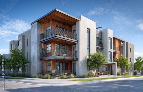Realistic Rendering of a Modern Three-Story Apartment Building.

