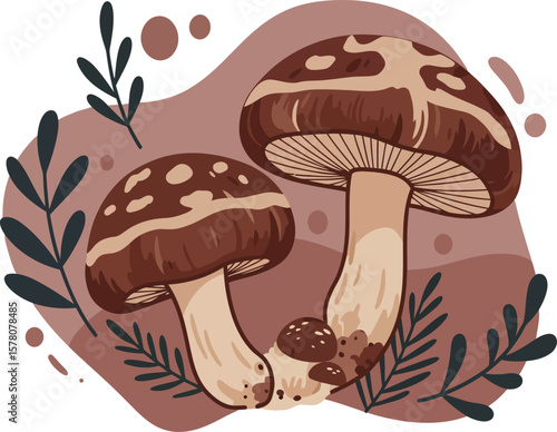 Brown mushrooms with dark leaves vector illustration in natural style for organic food and forest theme 