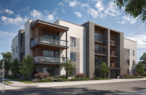 Realistic Rendering of a Modern Three-Story Apartment Building.

