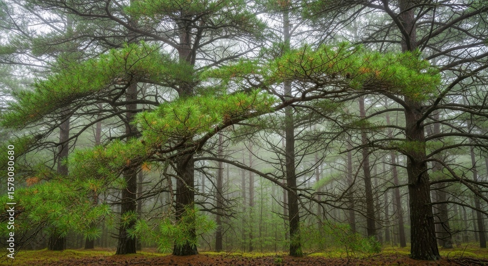 Fog among curved pine trees in a forest Fog among curved pine trees in a forest