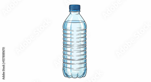 Pop Art Plastic Water Bottle Halftone: A High-Contrast Black, White, and Yellow Illustration Featuring a Clear Bottle with Blue-Tinted Liquid and a Ridged Blue Cap
