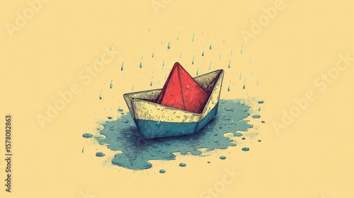 A vintage-style paper boat in a puddle of rain