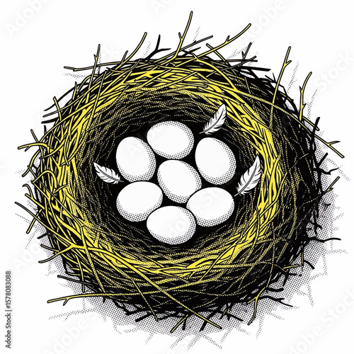 Pop Art Bird's Nest with Seven Eggs: A High-Contrast Black, White, and Yellow Halftone Illustration Featuring a Circular Twig Nest and Oval White Eggs
