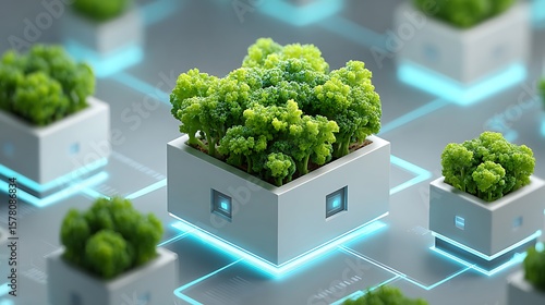 Fototapeta Naklejka Na Ścianę i Meble -  Digital kale fractal unfolding in 3D like a circuit board, made of living green cells, hovering on translucent neon white background, futuristic vegan tech 