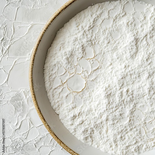 closeup of arrowroot powder in a round ceramic dish fine white starchy texture macro ingredient photography clean backdrop