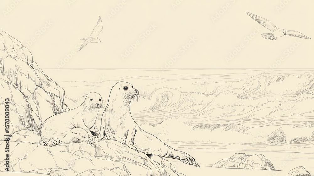Fototapeta premium Seascape with seals and seabirds