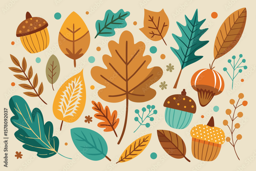 Fototapeta premium Autumn Harvest Collection Fall Leaves Acorns Pumpkins