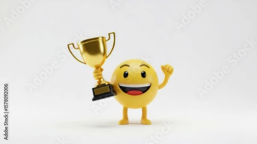Animated Emoji Celebration with Golden Trophy, Expressing Success and Achievement in Motion