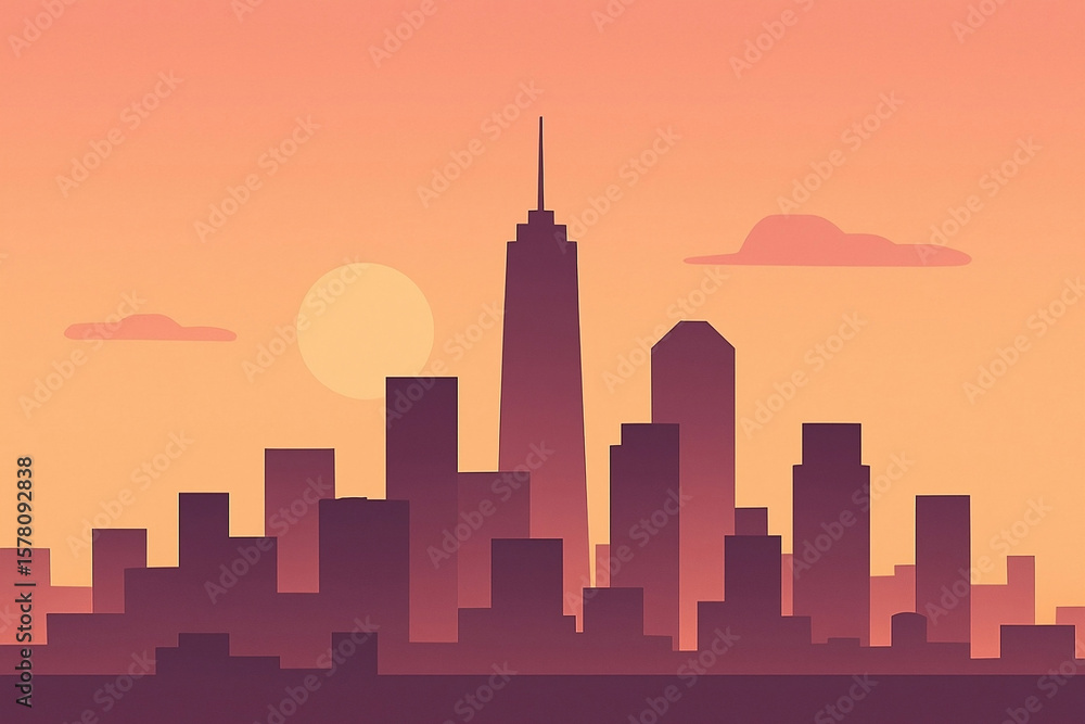 Fototapeta premium City Skyline at Sunset with Tall Buildings and Sun
