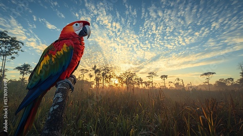 Scarlet macaw at dawn in the rainforest