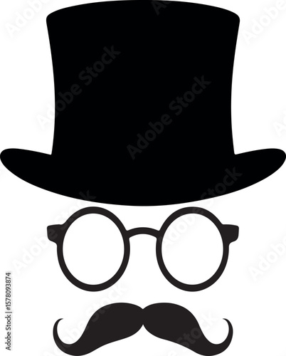 Black top hat round spectacles and handlebar mustache glasses