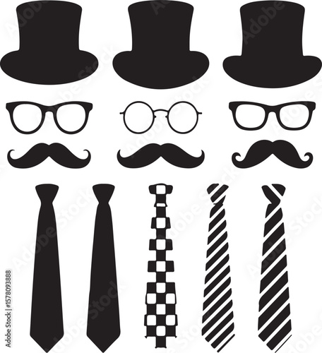 Black top hats glasses mustaches and ties bowler hat spectacles
